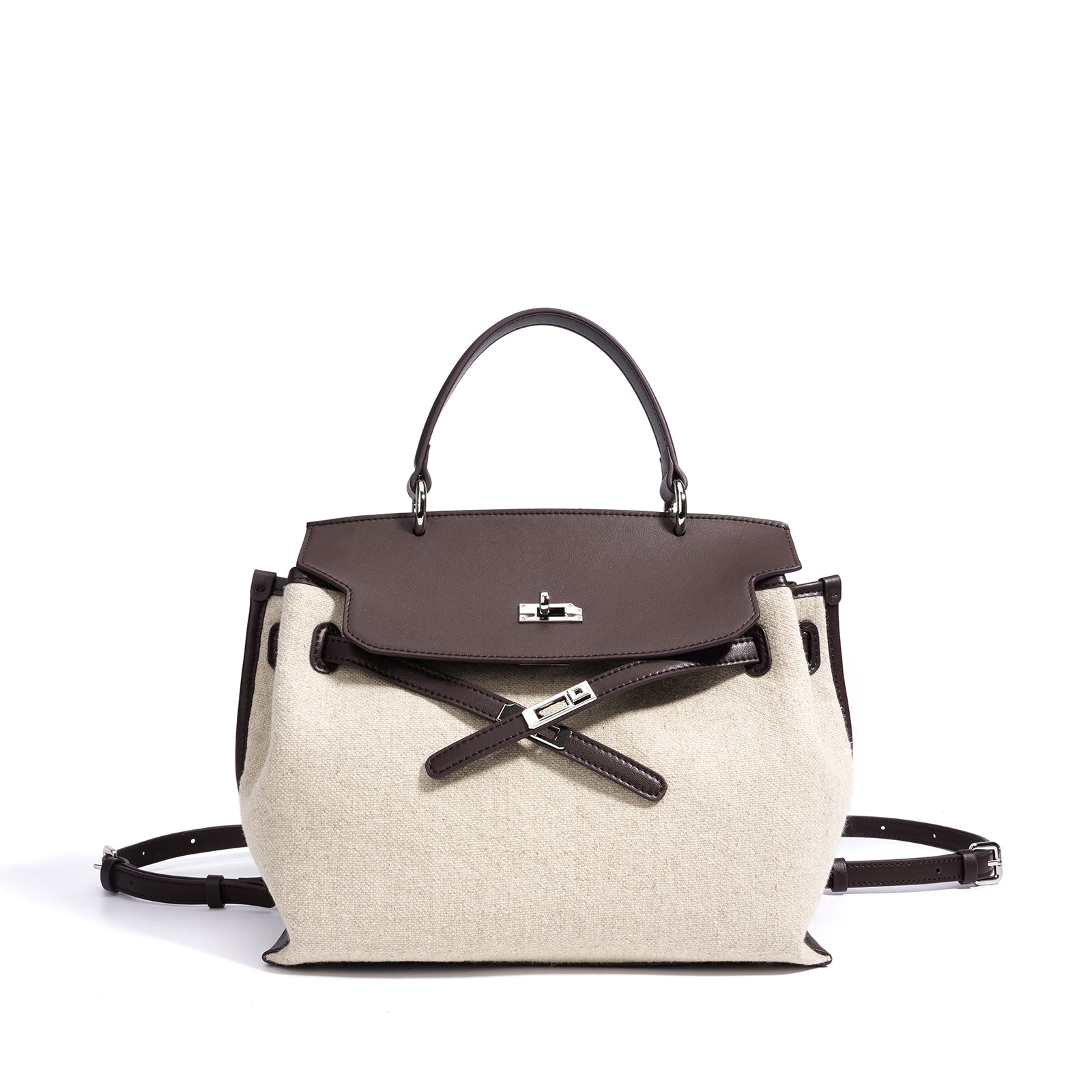 Linen and Leather Splicing Satchel Bag