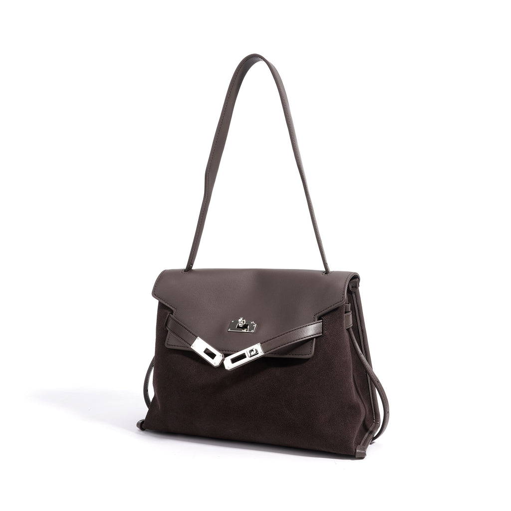 Leather and Suede Mixed Boston Handbag