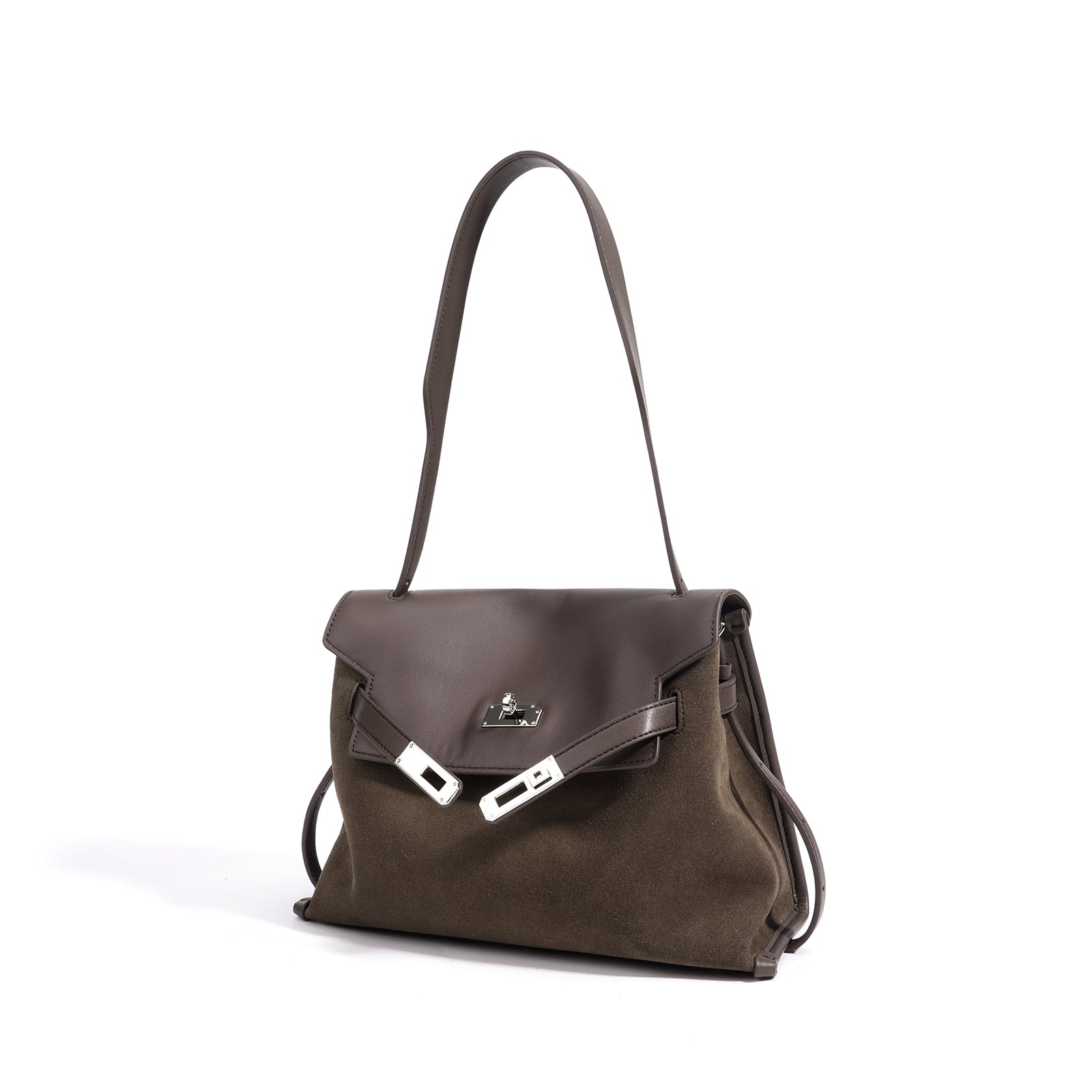 Leather and Suede Mixed Boston Handbag