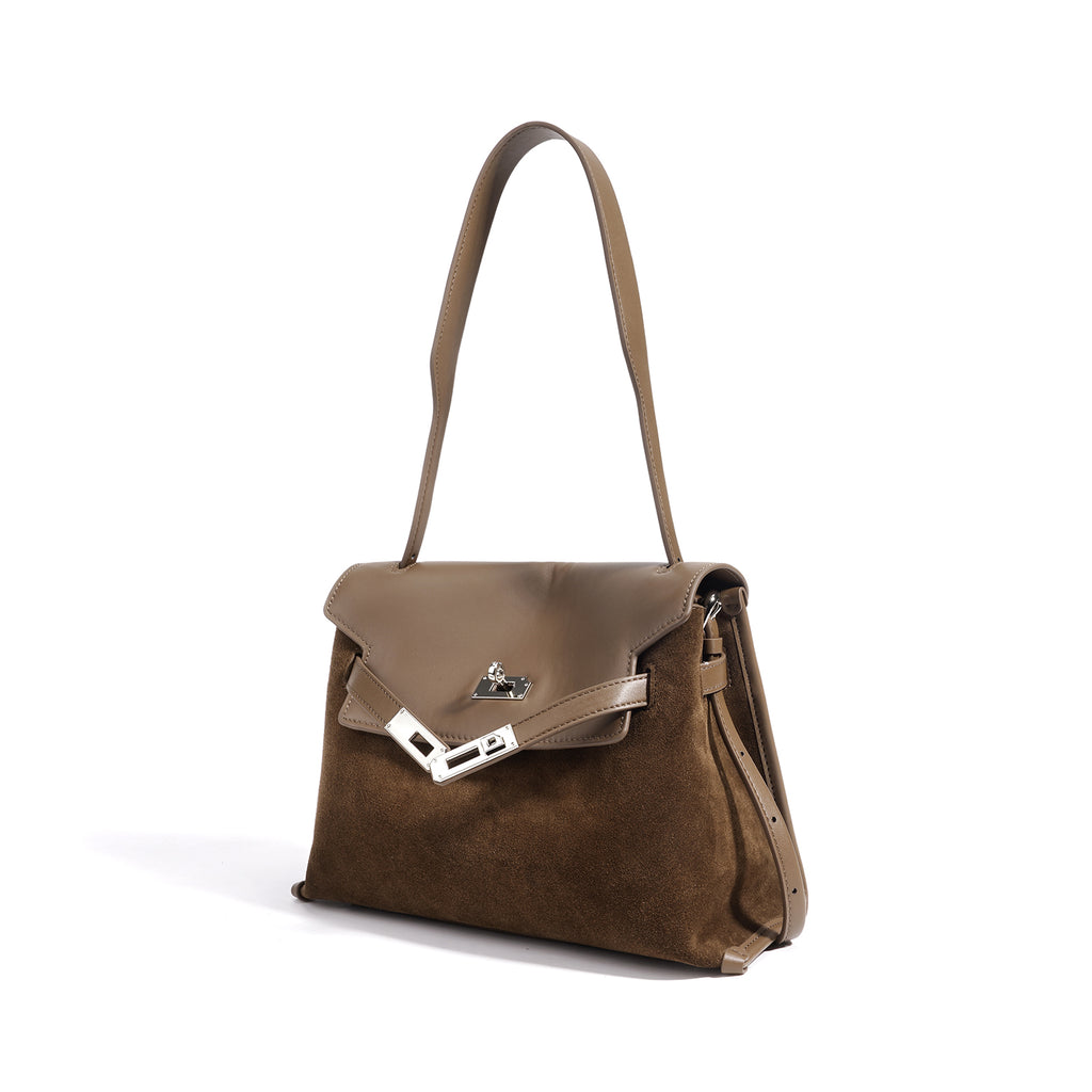 Leather and Suede Mixed Boston Handbag