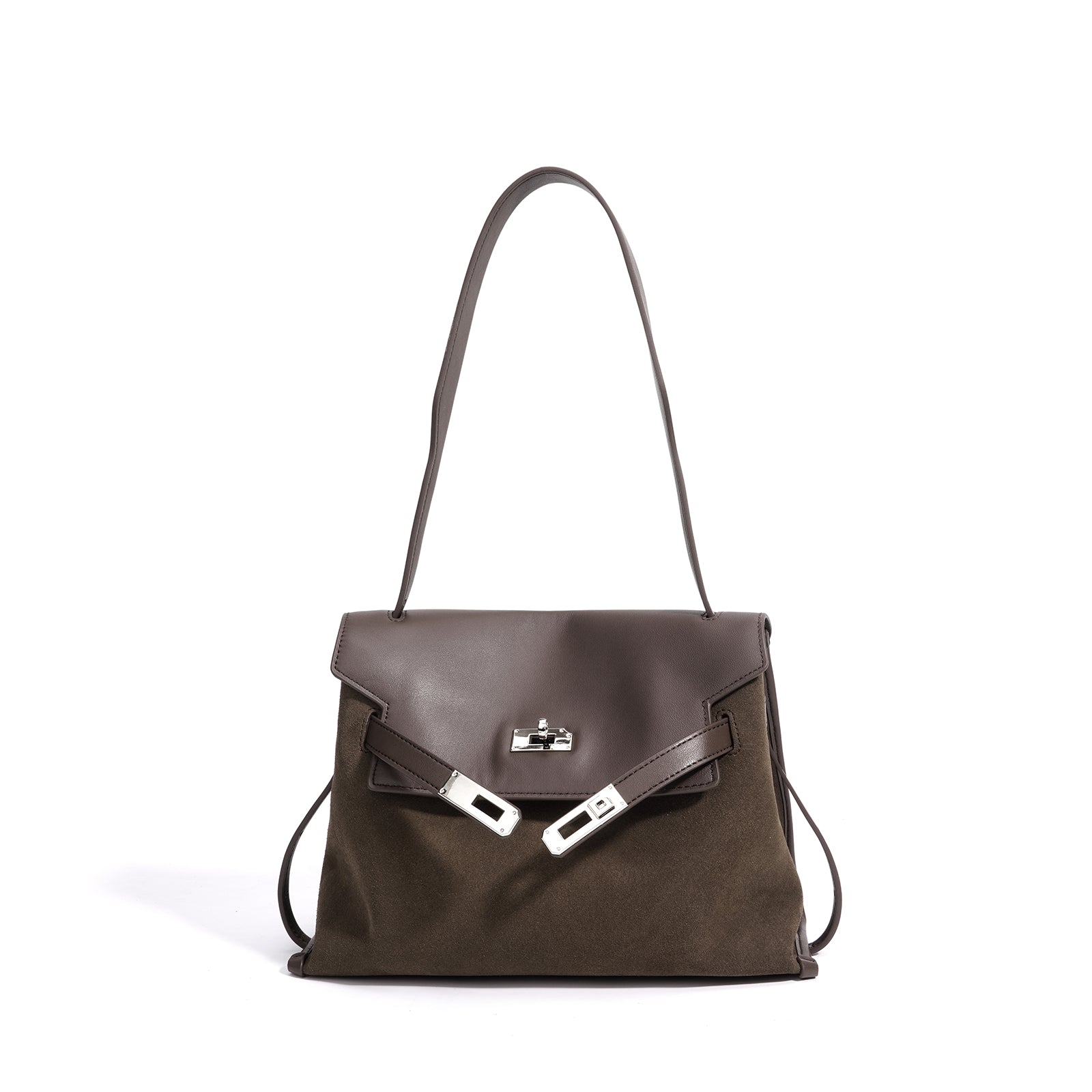 Leather and Suede Mixed Boston Handbag