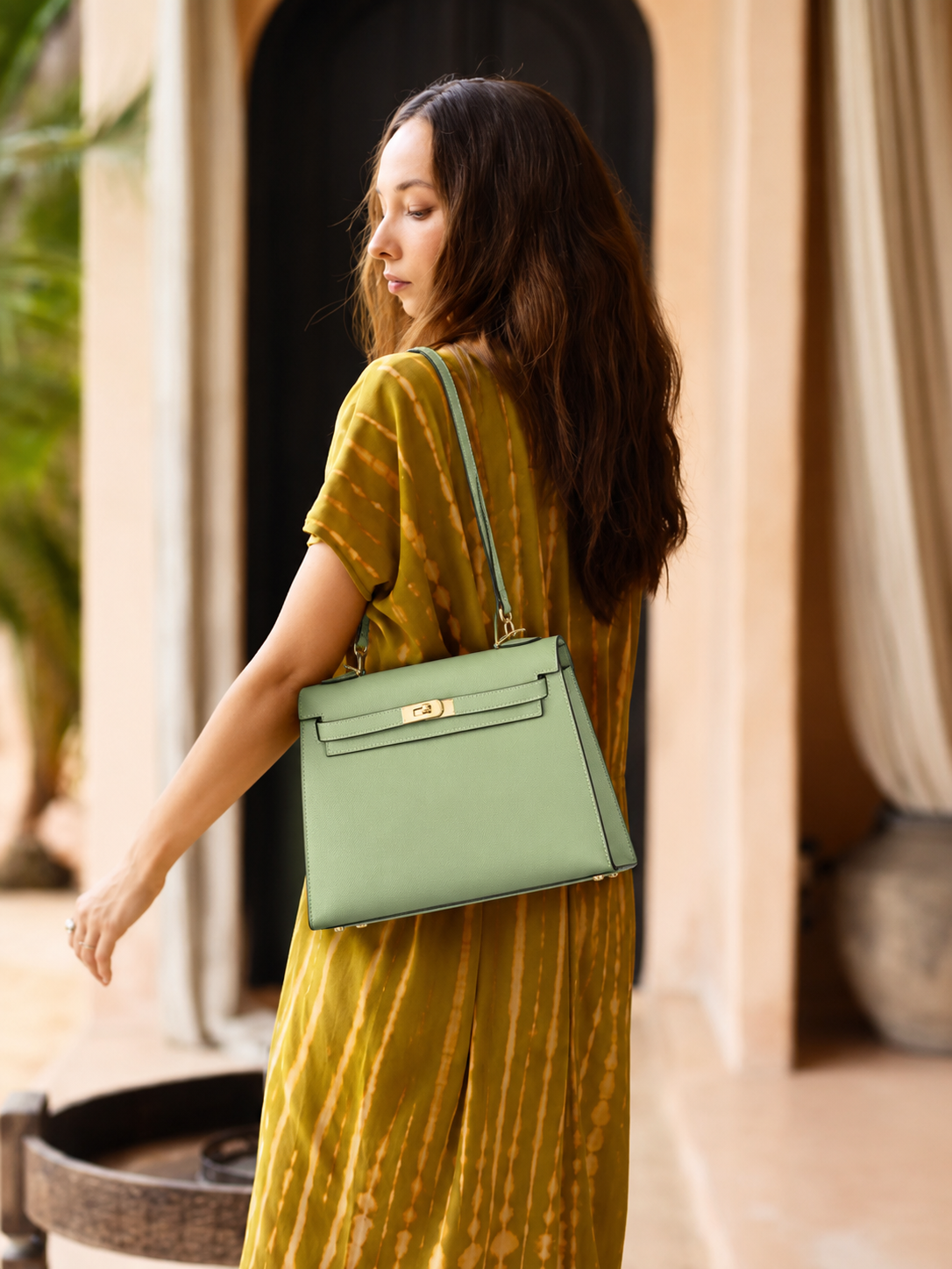 Sage Lock Top Handle Bag outfit scenario