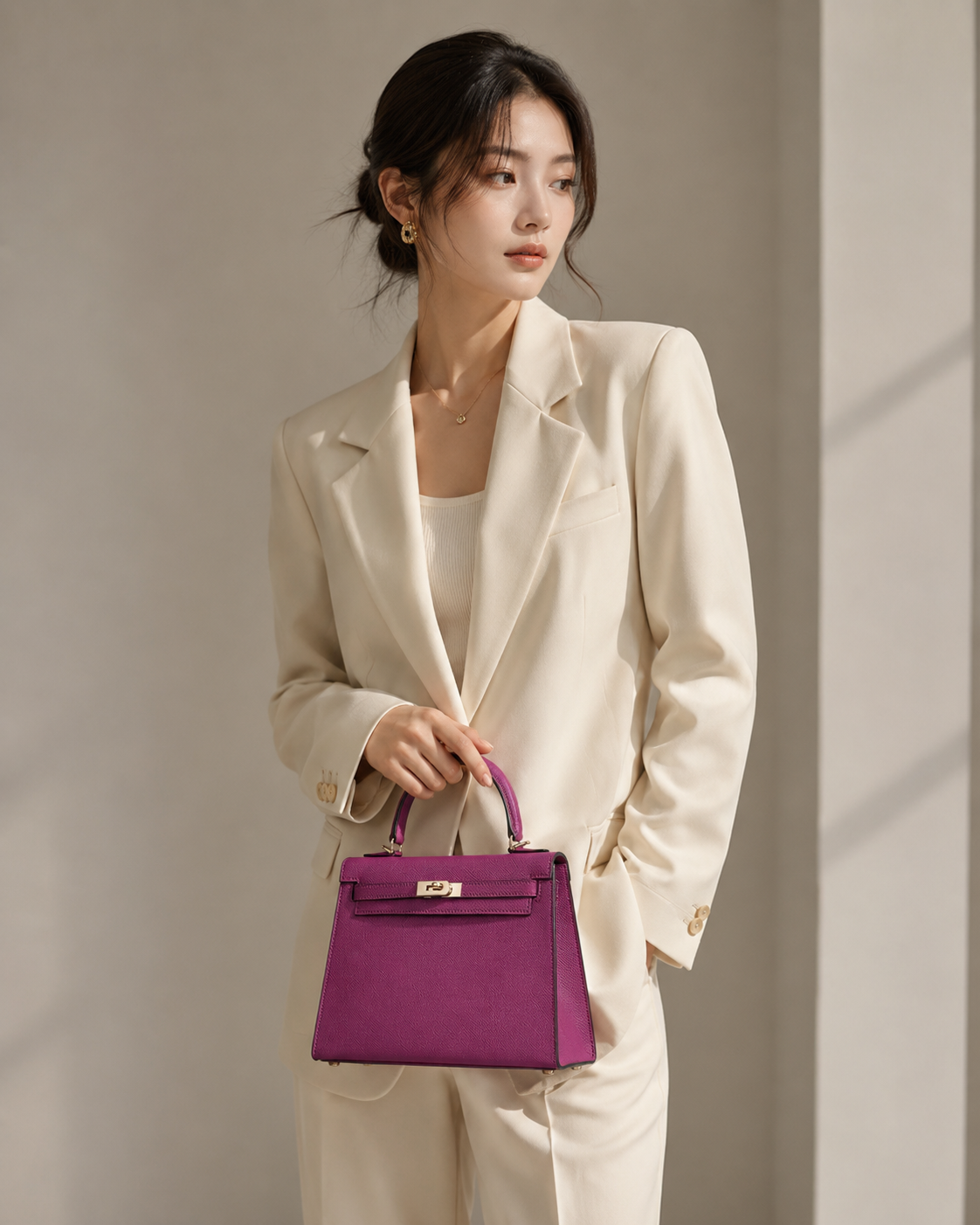 Magenta Lock Top Handle Satchel Bag outfit scenario