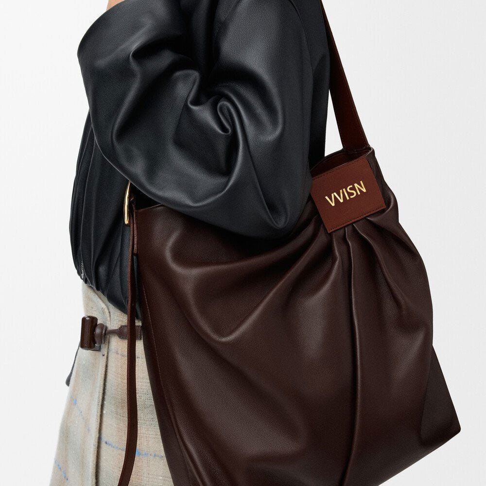 Draped Tote in Dark Chestnut Lambskin - VVISN