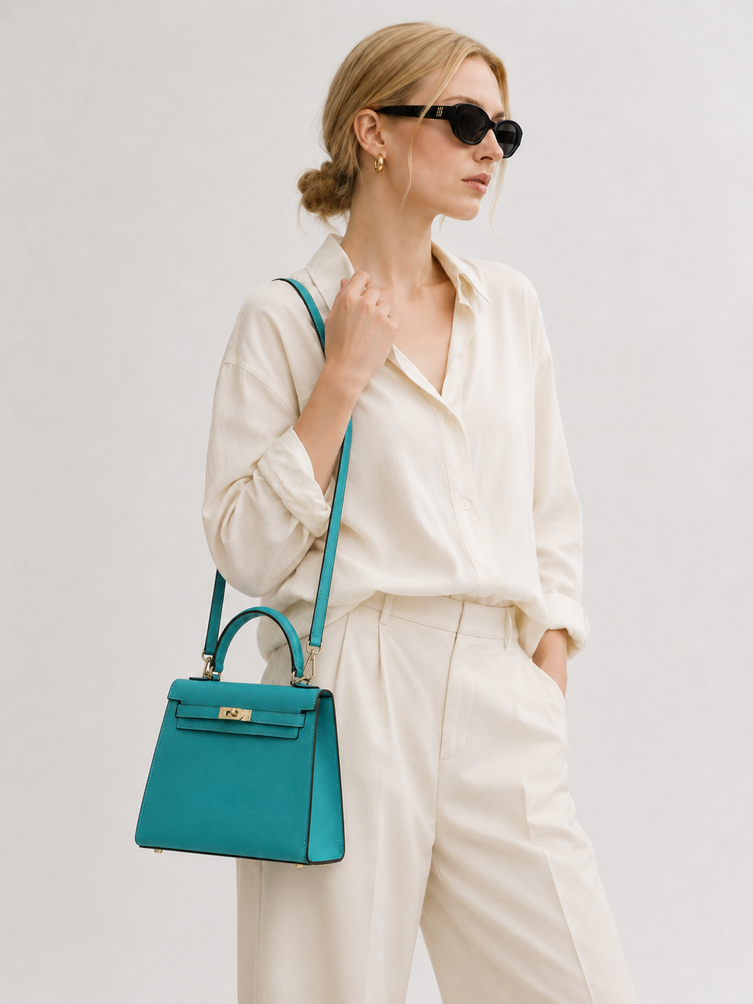Teal Arc Lock Structured Handle Bag outfit scenario