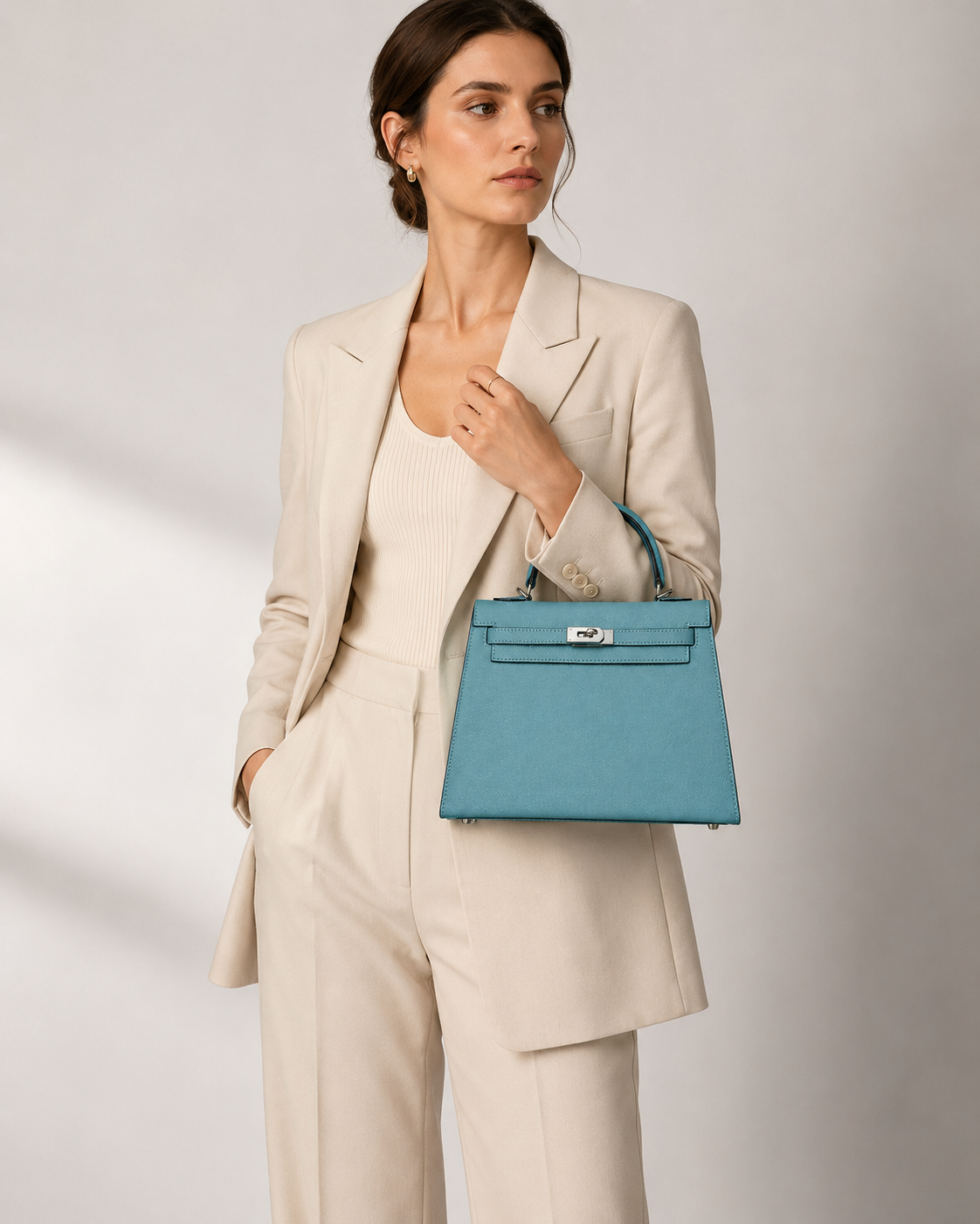 Teal Lock Top Handle Bag outfit scenario