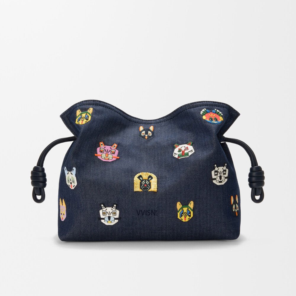 Medium Cat Embroidered Denim Clutch Bag - VVISN