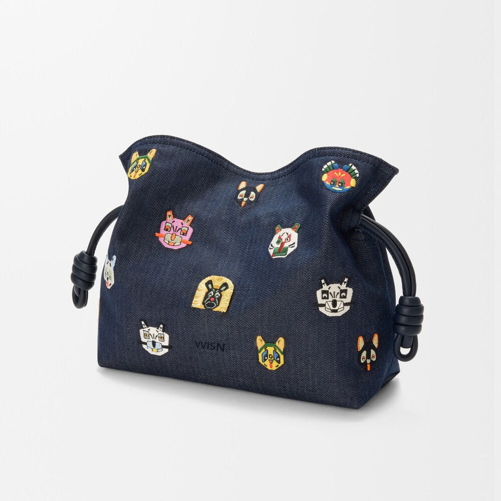 Medium Cat Embroidered Denim Clutch Bag - VVISN