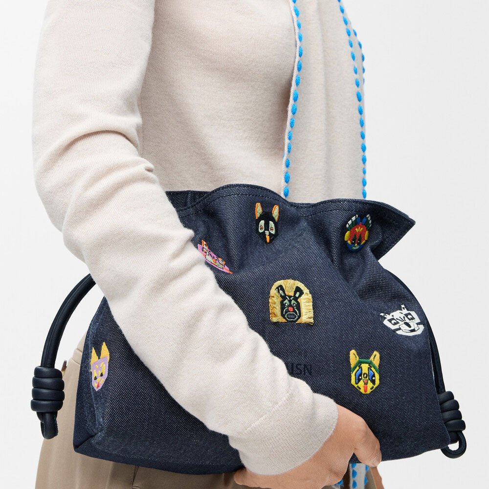 Medium Cat Embroidered Denim Clutch Bag - VVISN