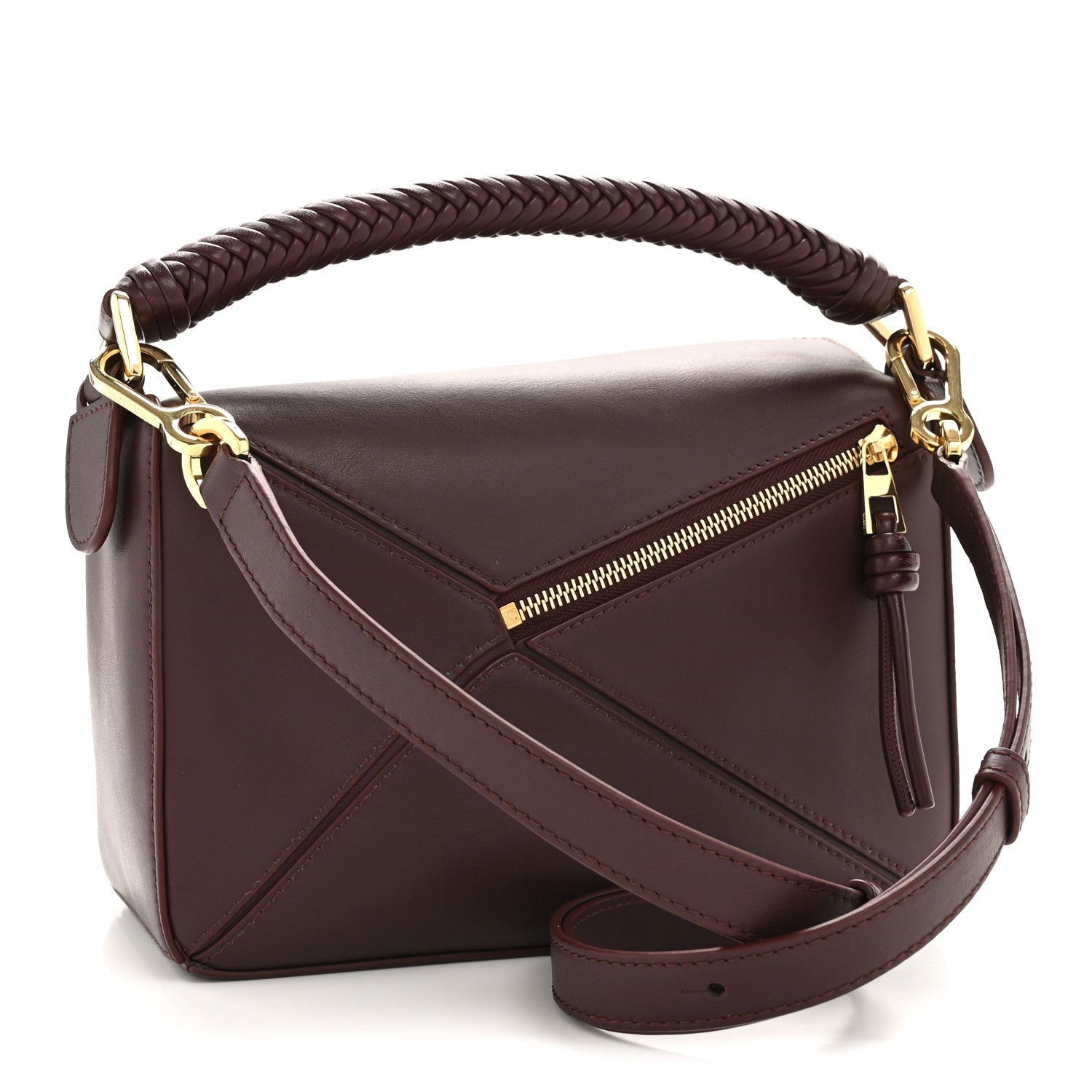 Small Puzzle Bag in Dark Burgundy Smooth Calf with Woven Nappa Handle - VVISN