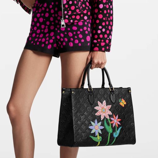 LV x YK OnTheGo MM with Flower Marquetry M46416 Black - Image 3
