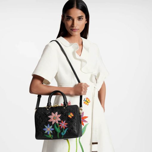 LV x YK Speedy Bandouliere 25 with Flower Marquetry M46415 Black - Image 2