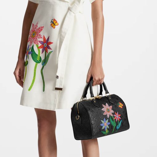 LV x YK Speedy Bandouliere 25 with Flower Marquetry M46415 Black - Image 3