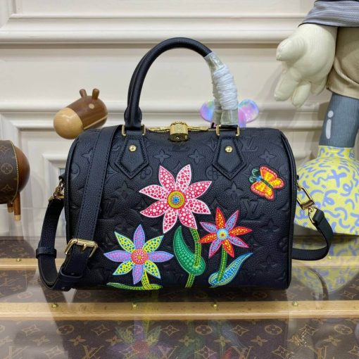 LV x YK Speedy Bandouliere 25 with Flower Marquetry M46415 Black - Image 4