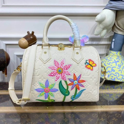 LV x YK Speedy Bandouliere 25 with Flower Marquetry M46415 White