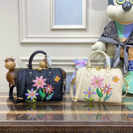 LV x YK Speedy Bandouliere 25 with Flower Marquetry M46415 Black - Image 13